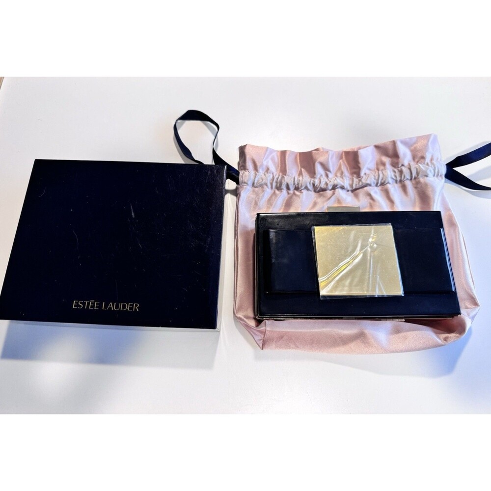 Estee Lauder Black Clutch Purse with Bow and Gold Tone Edges New